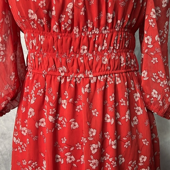 Trixxi NWT Red Floral Square Neck Smocked Mini Dress with Sheer 3/4 Sleeves - Picture 10 of 10